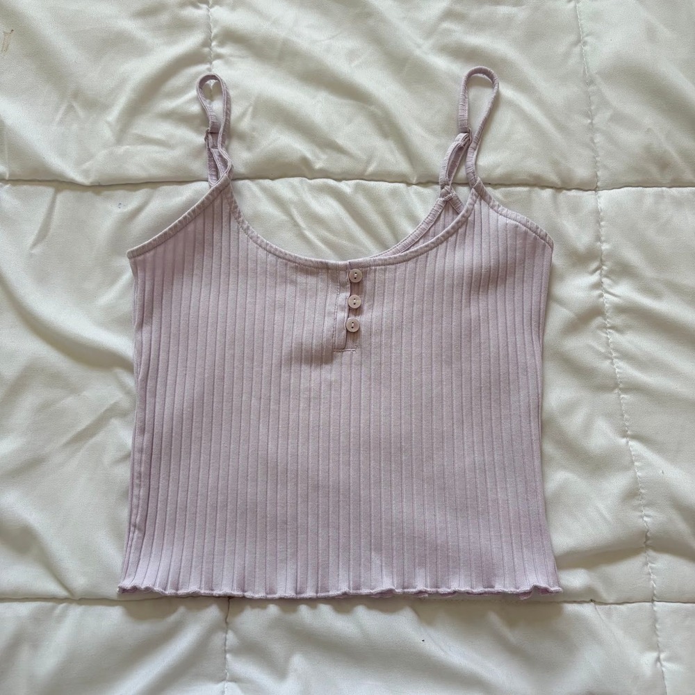 American Eagle Lilac Purple Ribbed Henley Cami Top Lettuce Hem Small Beachy